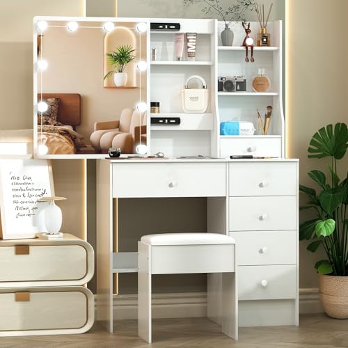 Teousev Small Vanity Desk with Mirror and Lights,White Vanity with 6 Drawers 6 Shelves 1 Chair,3 Lighting Colors Adjustable,31.5\" L*14.2\" W*51.2\" H