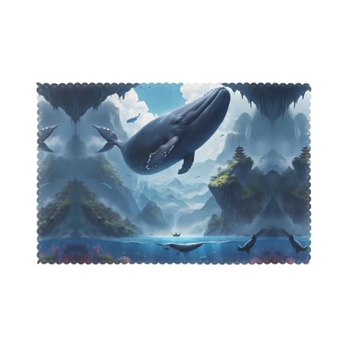 WZYWHJ Juego de 6 manteles individuales flotantes con estampado de ballena de montaña, 12 x 18 pulgadas, resistentes al calor, antideslizantes, resistentes a las manchas, fáciles de limpiar, para
