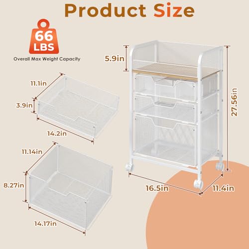 Image of 4-Tier Rolling Utility Cart with 3 Drawers-White Craft Organizers and Storage with DIY Dividers, Under Desk Cart with Lockable Wheels, Craft Cart Art Cart for Brushes Artifacts Patent Pending