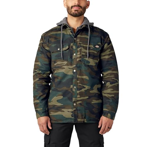 Dickies Men's Fleece Hooded Duck Shirt Jacket with Hydroshield, Hunter Green Camo, 2X