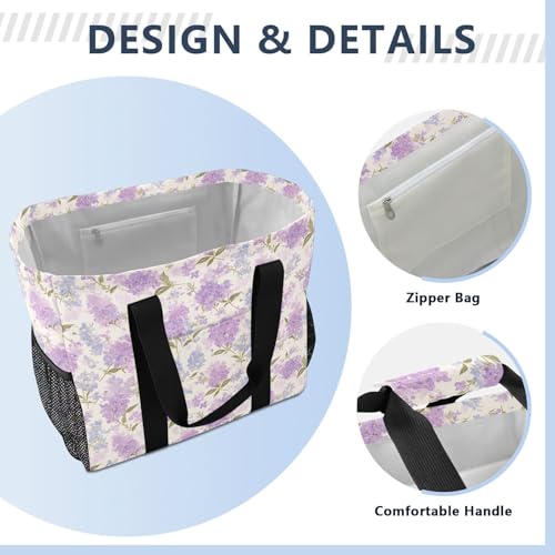 linqin Purple Blue Lilac Flowers Utility Bag for Trunk with Handles Foldable Shopping Bags for Groceries with Pockets for Beach4