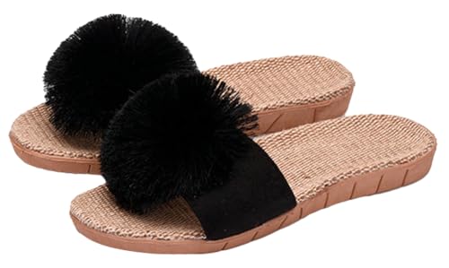 Caistre Women's House Slippers Open Toe Linen Flat Slide Sandals Fluffy Pompom Cozy Flat Slippers Sandals Non-Slip Home Shoes 2025