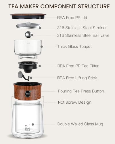 Image of ZENS Glass Infuser Teapot, One Touch Tea Maker for Loose Leaf Tea, Teak