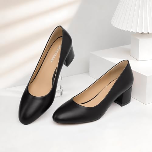 Image of SKYSTERRY Women's Low Heel Dress Pumps Shoes 2 Inch | Low Chunky Block Heel Pumps, Closed Round Toe Heels, Patent Leather Office Work Wedding Pumps Shoes