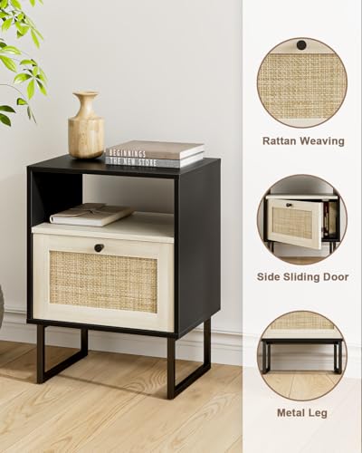 Image of Rattan Nightstand, Boho Night Stand Farmhouse Wood Bedside Table with Storage and Open Shelf, End Side Accent Table for Bedroom,Living Room,Black and Oak