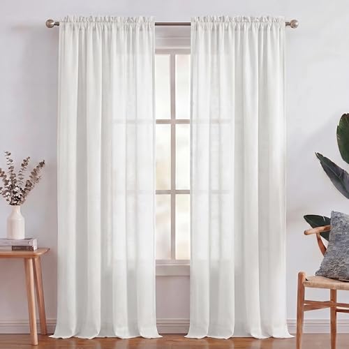 Turquoize White Linen Sheer Curtains 108 Inches Long Natural Linen Blended Textured Semi Sheer Curtains for Living Room/Bedroom Rod-Pocket Extra Long Window Treatment Panels, 2 Panel W52 X L108, White