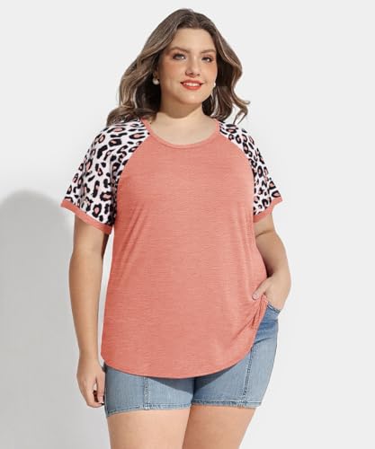 Image of CARCOS Plus Size Tops for Women Short Sleeve Raglan Striped Tee Color Block Crewneck /V Neck Tunic Loose Fit Summer XL-5XL