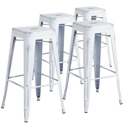 Flash Furniture Taburete de Bar Kai de Calidad Comercial, Paquete de 4, 30 Pulgadas de Alto, sin Respaldo, de Metal Blanco Envejecido para Interiores y Exteriores