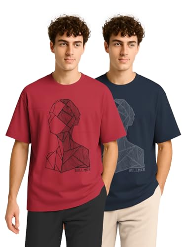 Image of BULLMER Trendy Half Sleeve Oversized Cotton Blend Crew Neck Tshirt for Men - Pack of 2