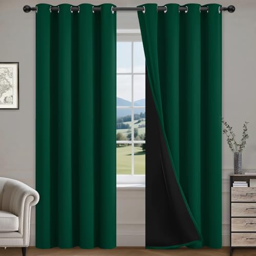 Image of COSVIYA 100% Dark Green Blackout Curtains for Living Room 90 Inches Length | Room Darkening Light Blocking Drapes for Bedroom, Grommet Thermal Insulated Window Panels with Black Liner, W52xL90, 2 Panels