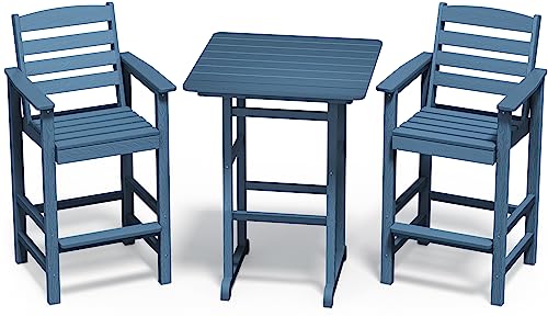 SERWALL 3 Pcs HDPE Bar Height Adirondack Chairs and Bar Table Set Blue