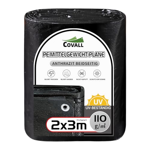 COVALL Abdeckplane 2x3m mittelstarke Plane 110GSM – wasserdichte Bodenplane für Camping, UV-beständige Außenabdeckungen für Zelte, Dach, Sandkasten, Boote, LKW, Wohnmobile und Autos (Schwarz)