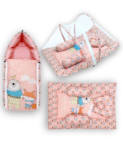 Image of NEW COMERS Baby Bedding Set for New Born Cotton 6 Pieces Foldable Set with Pillow Bolster Mosquito Net | Baby Playmat and Cot |Toddler Mattress - 85X52X6 cm (Upto 18 Months) | (Peach)