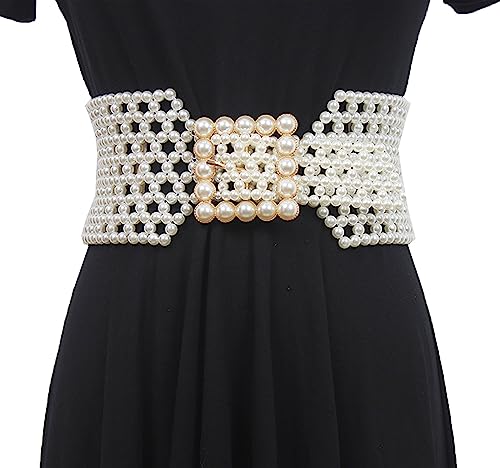 Fashion Elastic Pearls Wide Belt for Women Rhinestone Buckle Bridesmaid Dress Girl Waist Chain for Dress Wedding Belt (Color : B Square Buckle-7.5cm, Size : Talla �nica)