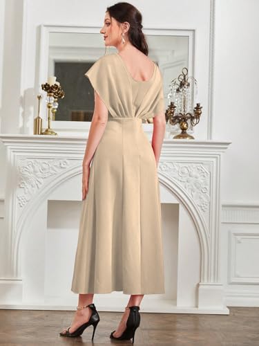 Image of Shasmi Women's & Girl's Solid A-Line Maxi Dress | V-Neck Pleated Bodice | Cap Batwing Sleeves | Fit & Flare Evening Gown (Dress 274)