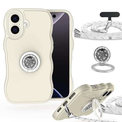 IBETEK Funda para iPhone 16 con Cuerda y Anillo Soporte, Carcasa Protectora de Silicona TPU Suave con Borde Ondulado, Antigolpes, con Anillo Giratorio 360°, Correa Ajustable para el Cuello, Blanco