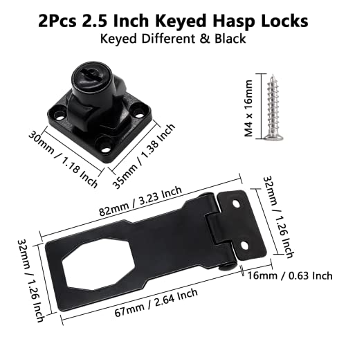 Cjueiom 2pcs 2.5 Inch Locking Key Hasp Black Garden Gate Lock, Metal Shed Latch and Padlock Door Lock Hasp - Image 3