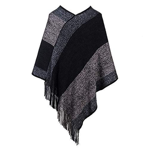 Image of Women's Elegant Knitted Shawl Poncho with Fringed V-Neck Striped Sweater Pullover Cape Gifts for Women Mom