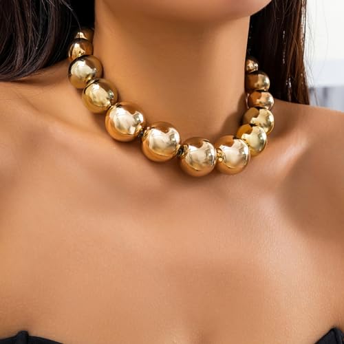 CJIAYUJEW Chunky Gold Necklace for Women - Big Silver Statement Beaded Necklace, Thick Bold Ball Choker3
