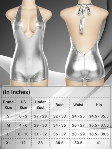 Image of EHSUYAB Sexy Metallic Bodycon Romper, Tie Halter, One Piece Backless Club Outfit