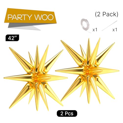 Image of PartyWoo Gold Star Spike Balloons 2pcs Explosion Foil Mylar Balloons | 42 Inch for Graduation Birthday Baby Shower Engagement Wedding Bridal Shower Anniversary Bachelorette Party Decorations