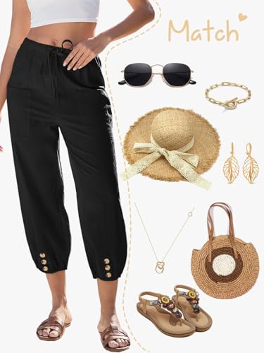 Yutdeng Ladies Cotton Linen Trousers Womens 7/8 Length Cropped Trousers Summer Casual Lightweight Beach Pants Loose Fit with Elastic Waist and Pockets Baggy Harem Lounge Pants Black - Image 7