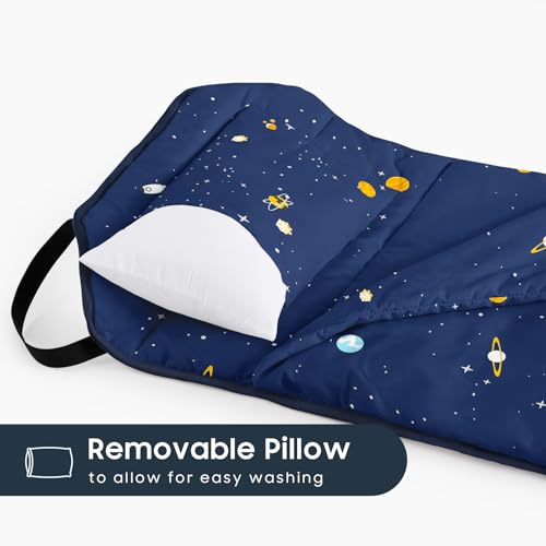 Image of Wake In Cloud - Cot Nap Mat with Pillow and Blanket, 100% Cotton Fabric, for Toddler Kids Boys Girls Ages 3 Plus in Daycare Kindergarten Preschool, Stars Space Rockets