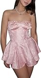 Women Corset Lace Dress Strapless Tube Top Ruffle Vintage Fairy Short Dress Y2k Off Shoulder Princess Mini Party Dress Pink