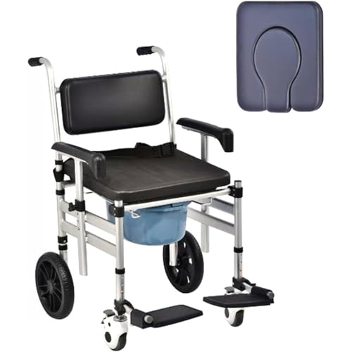 H3TF5J 3in 1 Bedside Commode Wheelchair with Handles Detachable Bucket Portable Toilet Shower Wheels Chair with 2 Brakes Wheels