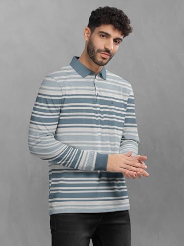 Image of BULLMER Striped Textured Printed Polo Neck Fullsleeve T-Shirt with Rib for Men