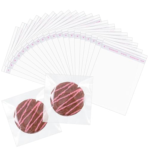 Miraclekoo 100 Pcs 3.5 x 3.5 Inch Cellophane Bags for Chocolate Covered Cookies Self Sealing Small Treat Bag Clear Plastic Sleeves
