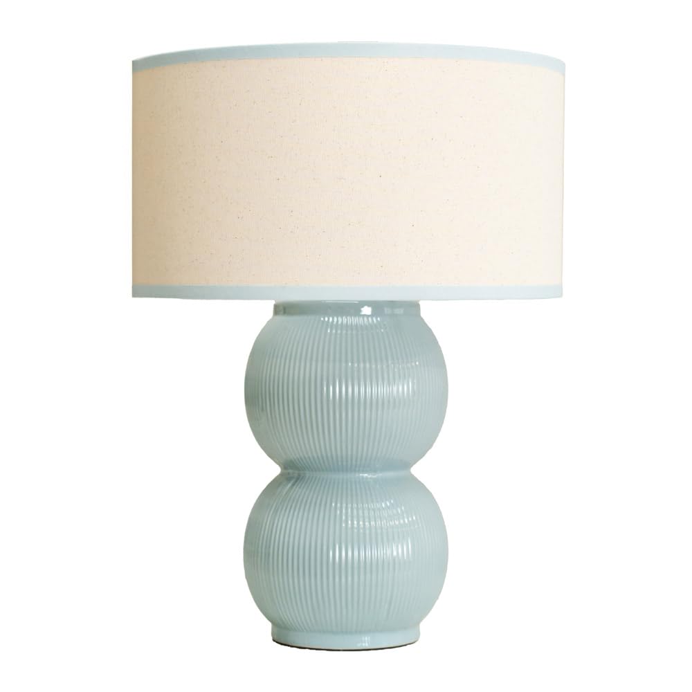ValueLights Gemma Linen with Trim Drum Lamp Shade Stacked Ribbed Glazed Table Lamp in Pale Green