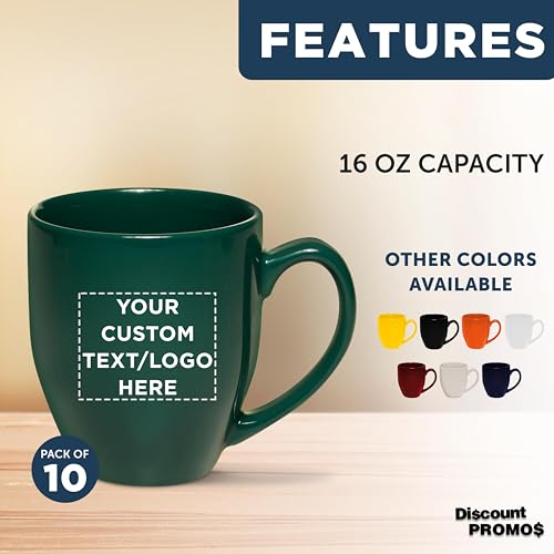 Personalized Large Coffee Cups - 16 oz. Set of 10, Green - Perfect for Tea, Espresso, Cappuccino, Hot Cocoa