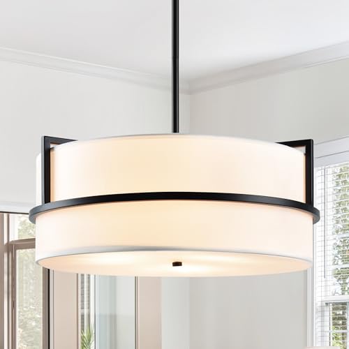 Resacho 16'' Black Drum Chandelier, 3-Light Modern Chandelier with White Fabric Shade, Adjustable Height Pendant Lighting, Ceiling Light Fixture for Dining Room, Kitchen Island, Living Room, Bedroom