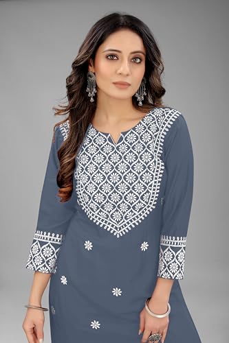 Image of Women's Rayon Embroidered Straight Kurti Under 499 Designer Attractive Look Women's Kurta