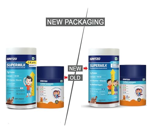 Image of Gritzo SuperMilk Growth+ (Formerly Height+) (2-6y Boy & Girl) (Double Chocolate, 400g) with Super Gummies (Natural Orange Flavour, 30 Gummies) | Pack of 2