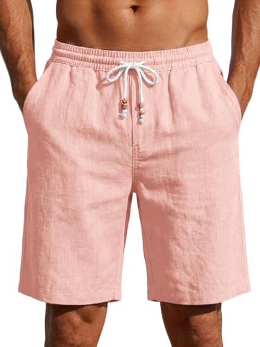 Runcati Short court léger en lin pour homme - Couleur unie - En coton - Short d'été - Chino - Sport - Plage - Pantalon de loisirs avec taille élastique et...
