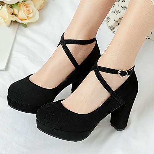 KOKOMOMO Womens Chunky High Heel Platform Round Toe Ankle Strap Pumps3
