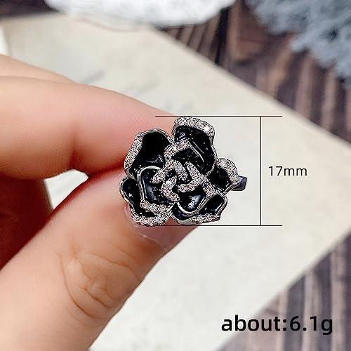 Black Enamel Rose Flower Cubic Zirconia Statement Rings for Women Girls Dainty Crystal Camellia Flowers Engagement Wedding Finger Ring Xmas Jewelry Girlfriend BFF3
