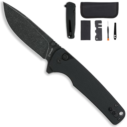 HYLER Mamba Button Lock Folding Pocket Knife - 3.46' 14C28N Black Stonewashed Blade, G10 Handle & Deep Carry Clip - Smooth EDC Pocket Knife for Camping & Outdoor - Black Handle