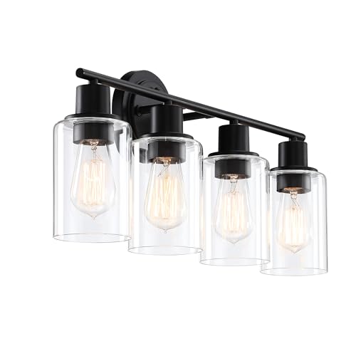 Image of 4-Light Bathroom Light Fixture Over Mirror Black 4-Light Vanity Light Fixture for Bathroom Vanity Black Wall Sconce Over Sink