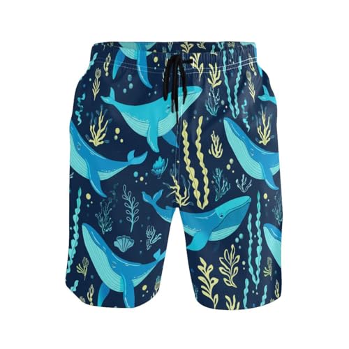 Ocean Whale Seaweed Blue Mens Swim Trunks Quick Dry Beach Shorts with Pocket S 23031622