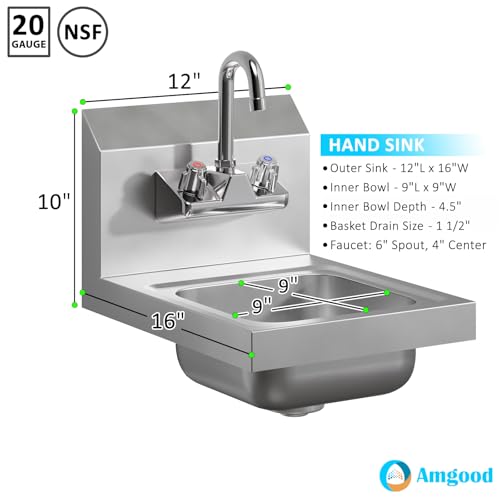Image of AmGood Stainless Steel Wall Mount Hand Sink 12 inch x 16 inch | NSF Commercial Hand Washing Basin with Faucet For Restaurant, Kitchen and Home | Bowl Size: 9 inch x 9 inch