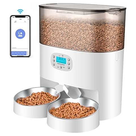 HoneyGuaridan Futterautomat 2 Katzen mit APP, 6L WiFi Katzenfutter Automat mit 2 näpfe, Zeitgesteuerte, 10s Sprachaufzeichnung, bis zu 6 Mahlzeiten am Tag - für Katze & Hunde (Weiß) Cover
