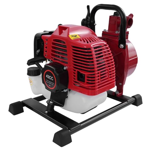 43cc Benzin Wasserpumpe, 2 Takt Benzin Wasserpumpe Tragbare Benzin Wasserpumpe 10m³/h Drehzahlgeregelt mit 2m Zulaufschlauch Gartenpumpe Teichpumpe Rot