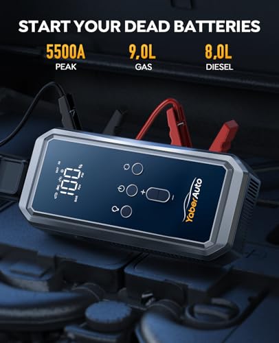 YaberAuto 9-in-1 Jump Starter with Air Compressor 5500A 150PSI Portable Car Battery Jump Starter (9L Gas/8L Diesel), 12V Jump Box Car Battery Jumper Starter Portable with Jumper Cables, 160W DC Out