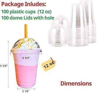12 oz Clear Plastic Cups with Dome Lids - 100 Sets Disposable Party cups for To Go Iced Coffee Cold Drinks, Smoothie, Bubble Boba Tea, Juice, Parfait, Frappuccino, Milkshake. Nice Sealing Fruit Cup