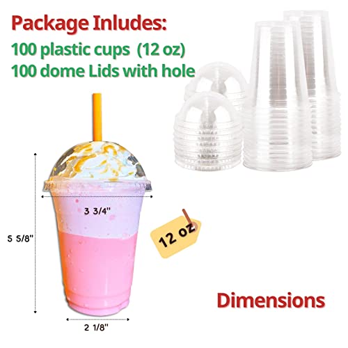 12 oz Clear Plastic Cups with Dome Lids - 100 Sets Disposable Party cups for To Go Iced Coffee Cold Drinks, Smoothie, Bubble Boba Tea, Juice, Parfait, Frappuccino, Milkshake. Nice Sealing Fruit Cup
