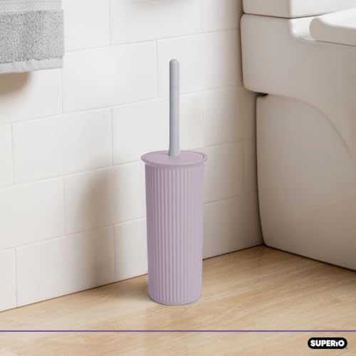 Image of Superio Ribbed Collection Toilet Bowl Brush and Holder Set, Decorative Plastic Bathroom Toilet Brush with Holder, Toilet Cleaner Scrubber, Lilac - 2 Pack