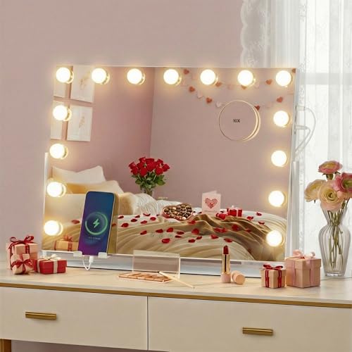 SONGMICS Miroir Coiffeuse, Contrôle Tactile, 15 Ampoules LED, Ports de Charge, Miroir Grossissant Détachable 10X, 3 Températures de Couleur, Support de Téléphone, 58 x 43 cm, Blanc Mat LWM001W02